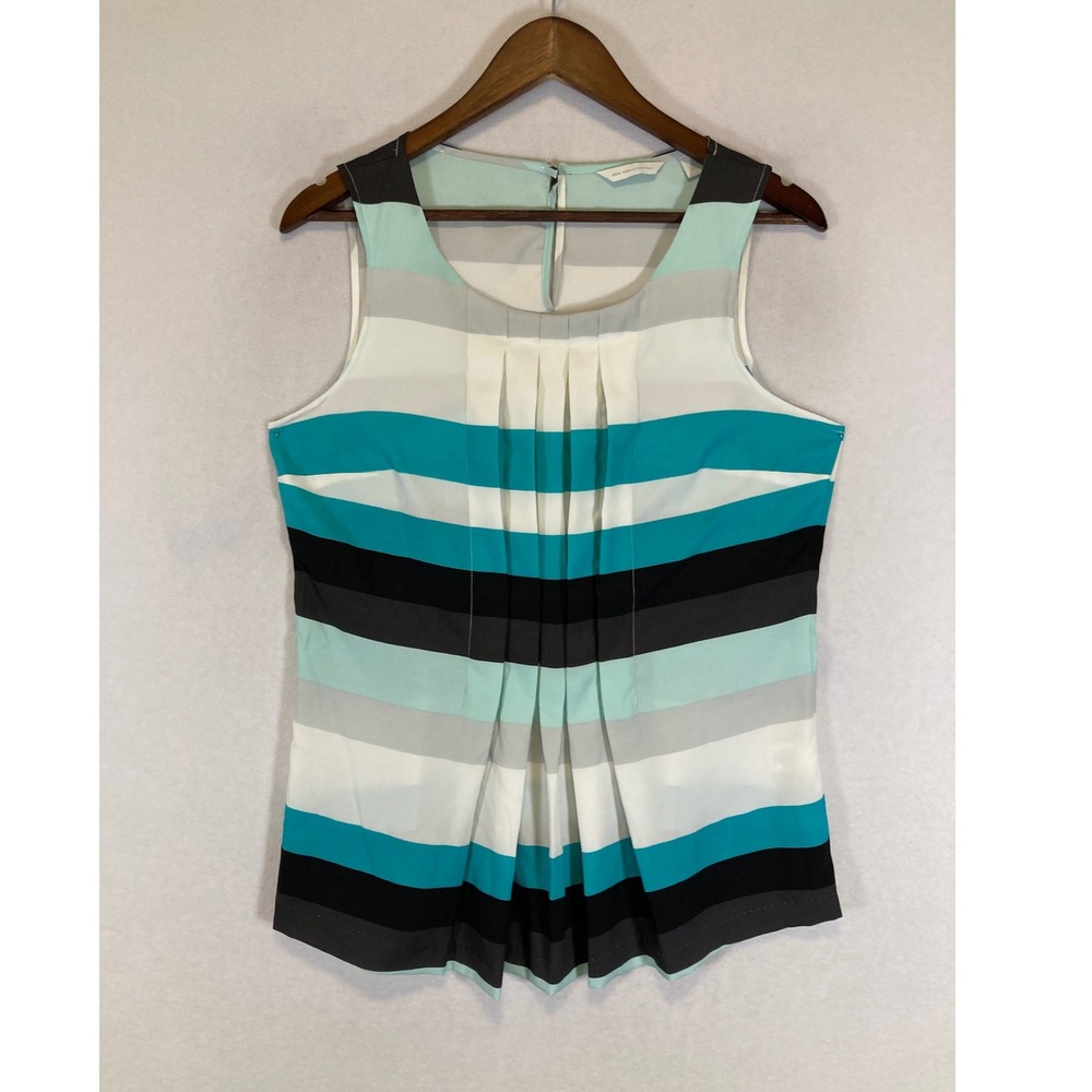 Modern‎ New York & Company Women Medium Teal Striped Pleated Sleeveless Blouse